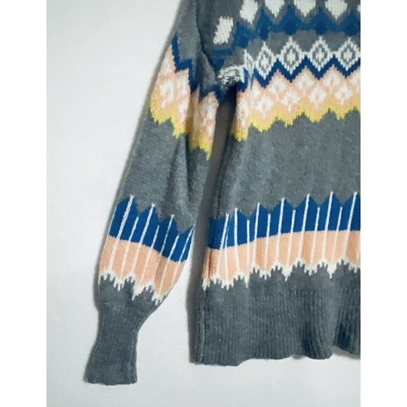 LOFT Fair Isle Sweater Womens Medium Balloon Sleeve Gray Mohair Soft Pullover - Picture 3 of 8
